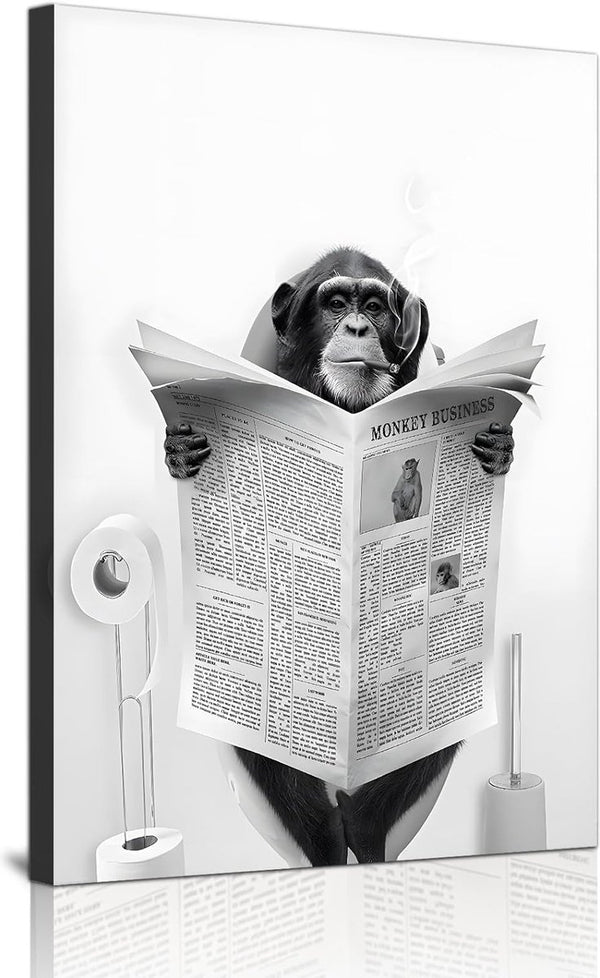 Mooie krant dier muur kunst zwart en wit canvas bedrukte cabine badkamer decoratie bad muur afbeelding, frameloos (aap, 1 stuk - 30 x 40 cm)