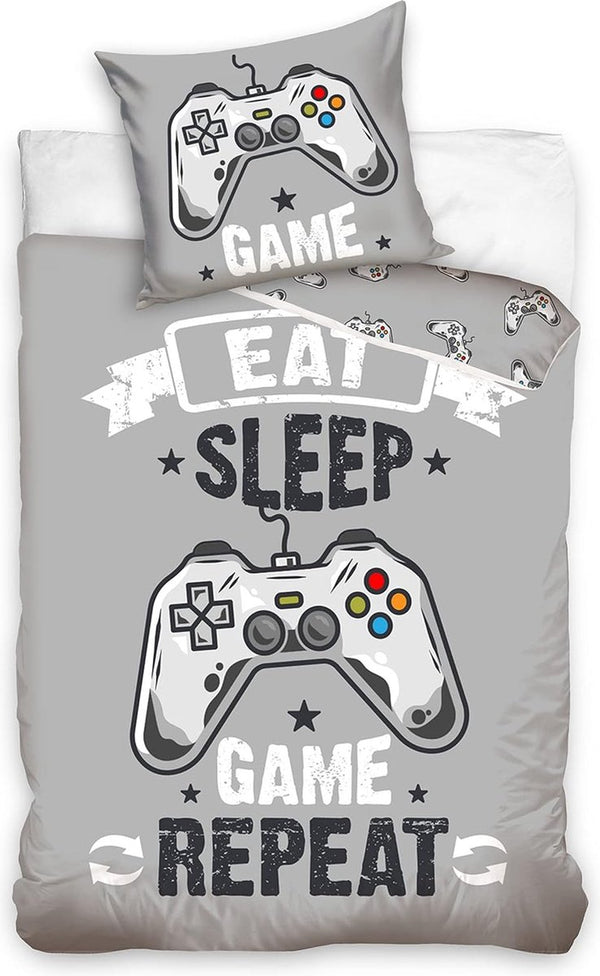 Gaming beddengoedset, kinderbeddengoed, tienerbeddengoed, jongens in grijs, kussensloop 80 x 80 cm + dekbedovertrek 135 x 200, gamer-beddengoed Eat Game Sleep Repeat