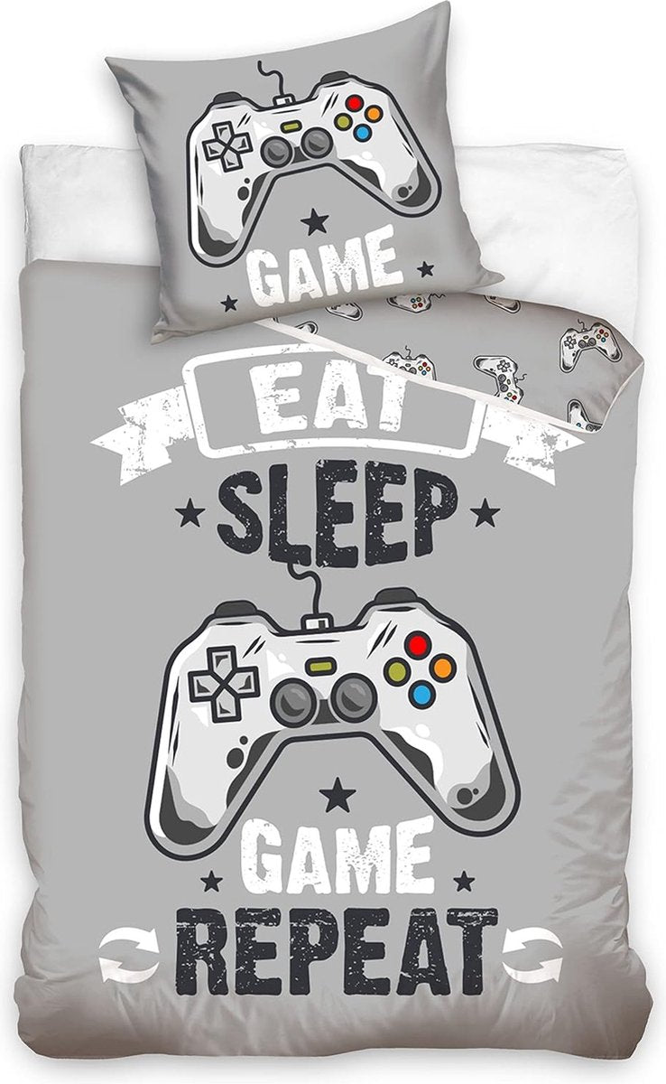 Gaming beddengoedset, kinderbeddengoed, tienerbeddengoed, jongens in grijs, kussensloop 80 x 80 cm + dekbedovertrek 135 x 200, gamer-beddengoed Eat Game Sleep Repeat