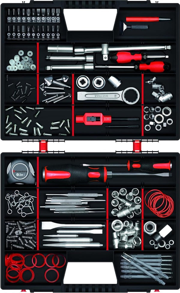 Dubbelzijdige assortimentsbox 20 inch met verstelbare vakken / 2-zijdige sorteerbox / opbergbox 490 x 390 x 130 mm / stevige gereedschapskist voor werkplaats