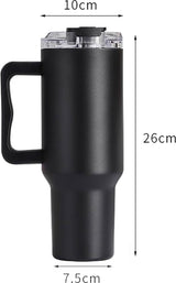 1200 ml koffiebeker om mee te nemen, dubbelwandige, roestvrijstalen vacuüm-isolatiebeker met handvat en rietje, autobeker, thermobeker, koffiebeker voor warme en koude dranken, zwart