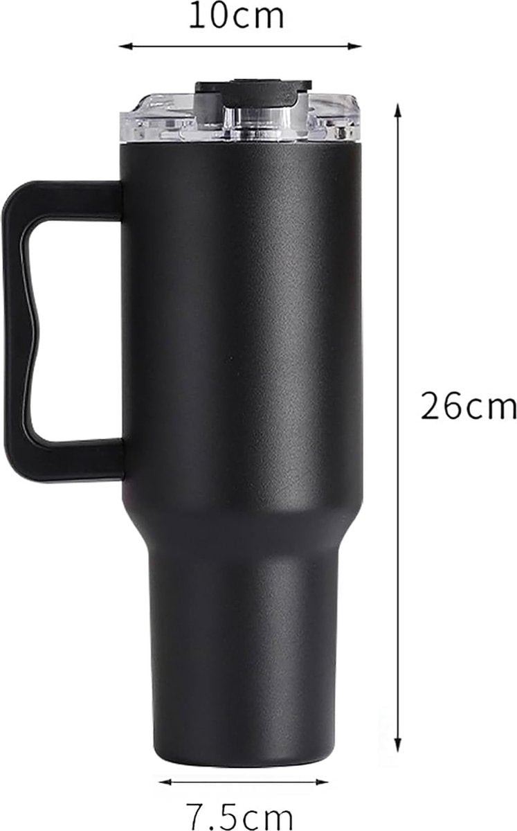 1200 ml koffiebeker om mee te nemen, dubbelwandige, roestvrijstalen vacuüm-isolatiebeker met handvat en rietje, autobeker, thermobeker, koffiebeker voor warme en koude dranken, zwart