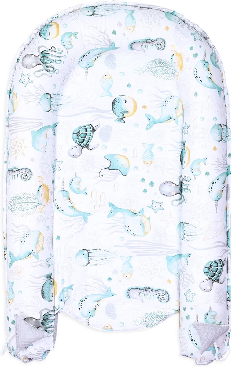 Babynestje voor pasgeborenen baby's, 90 x 50 cm, handgemaakte cocon, dubbelzijdig van katoen, wafel met babynestje, waterdieren, lichtgrijs