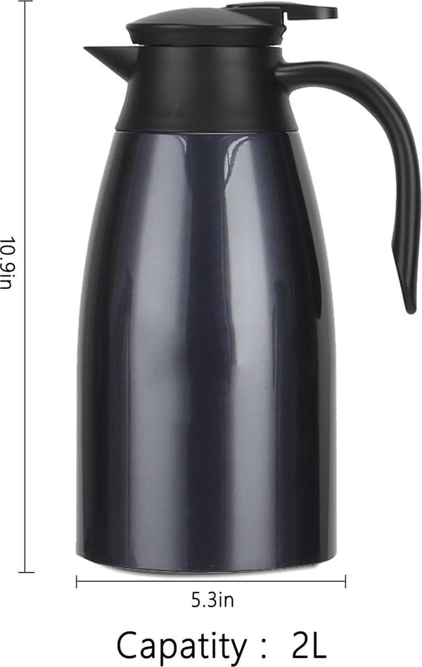 2L geïsoleerde koffiepot, voedselveilige 304 roestvrijstalen geïsoleerde kan, geïsoleerde vacuümkoffiepot met drukknopbovenkant, koffiekarafkan voor thee, warme en koude dranken (marineblauw)