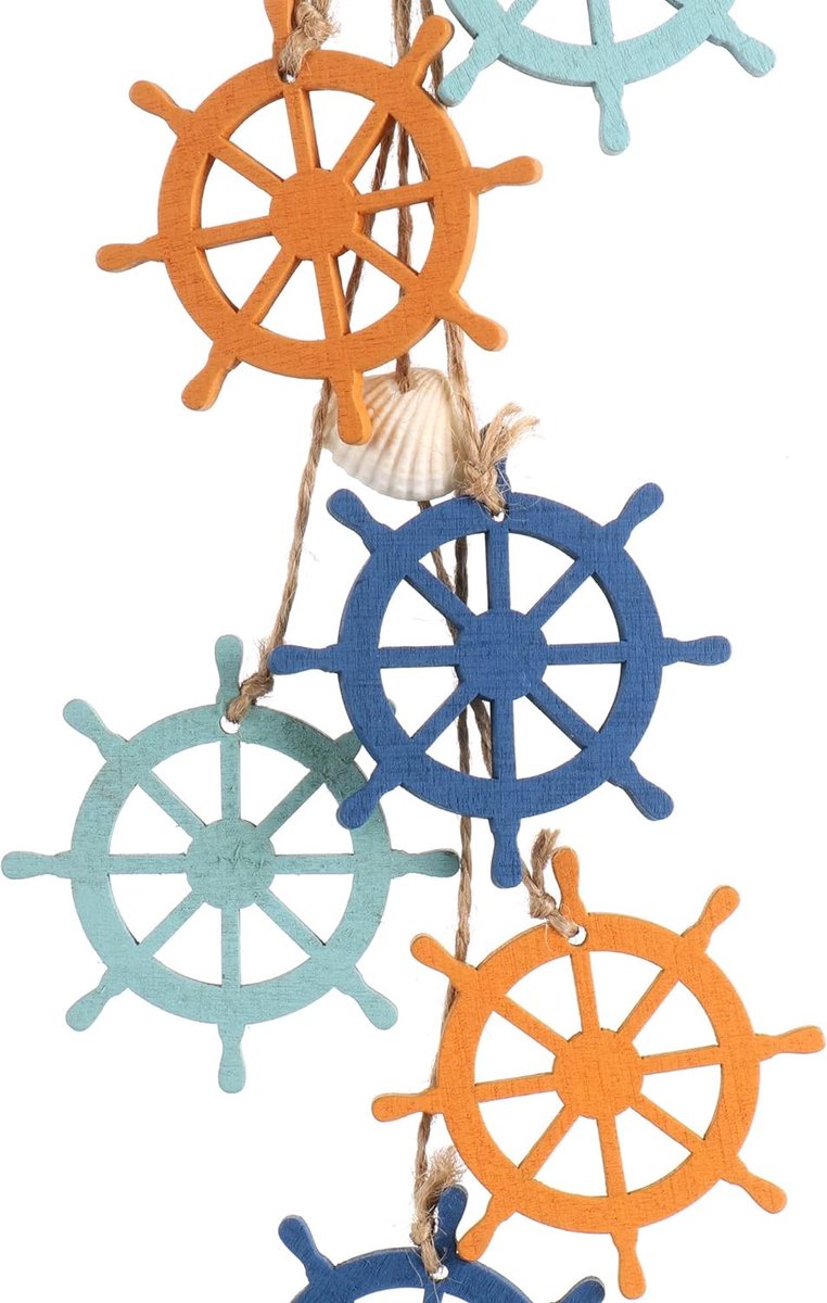 3 x hangdecoratie, maritiem, decoratie om op te hangen, zeester, anker en stuurwiel van hout, met schelpen, hangdecoratie (3 stuks, 38 cm)