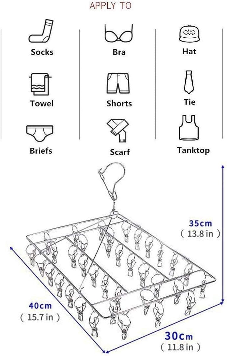 Roestvrijstalen sokkendroger Wasdroger Draaibare haak Winddichte kleerhanger voor sokken, ondergoed, bh's, babykleding, handschoenen (36 wasknijpers)