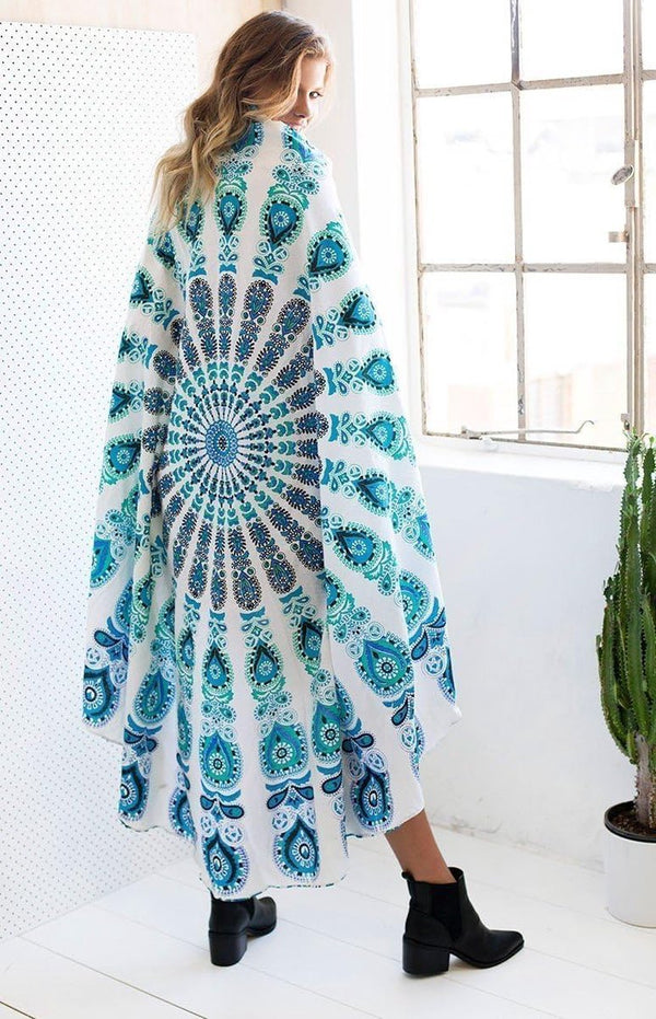 Handwerk Muuropknoping Mandala Muuropknoping Koningin Hippie Psychedelische Indiase stijl Magisch viooltje Katoen Teal en Blauw op Wit 70 Inch Roundie