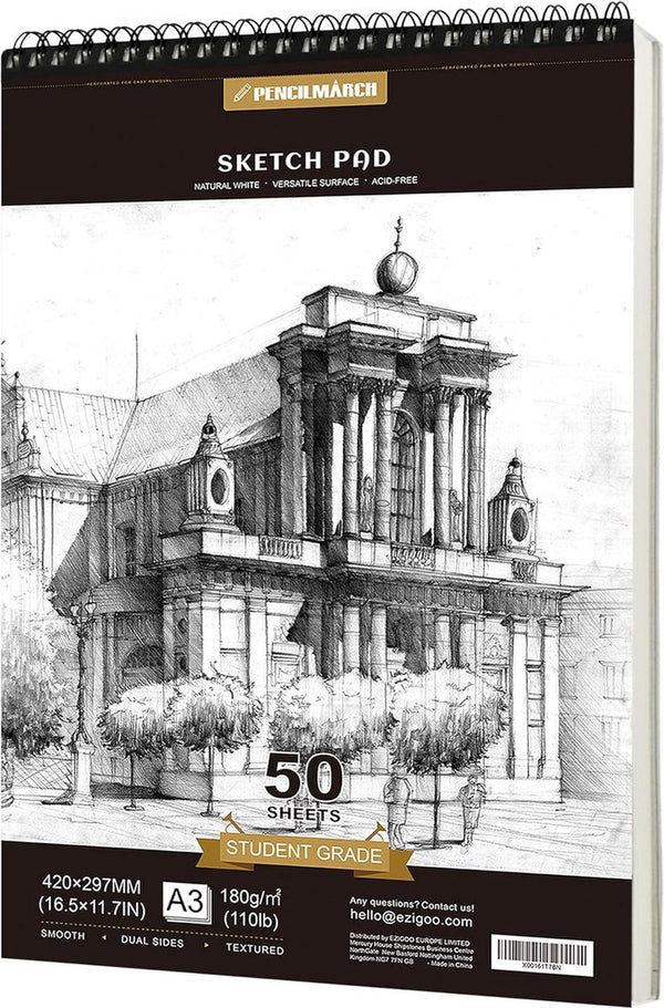 Spiraalgebonden schetsblok, schetsboek, A3 180 g/m² 50 vellen. Tekenblok voor kunstenaars. Ideaal voor het atelier, school of thuis