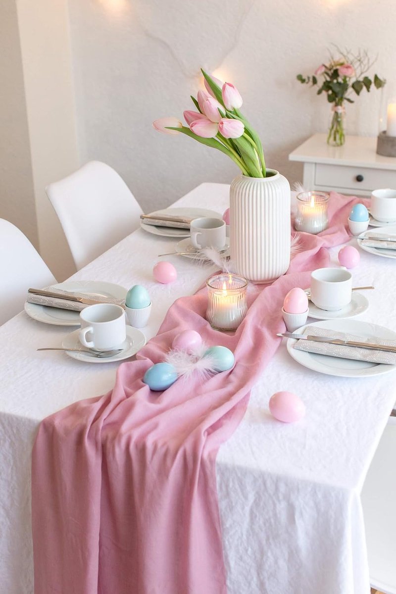 100% moezelmousseline decoratieve stof, 48 cm x 5 m, 66 g/m², zeer dunne tafelloper, zachte, kleurrijke tafeldecoratie voor verjaardagen, bruiloften, speciale gelegenheden, in roze