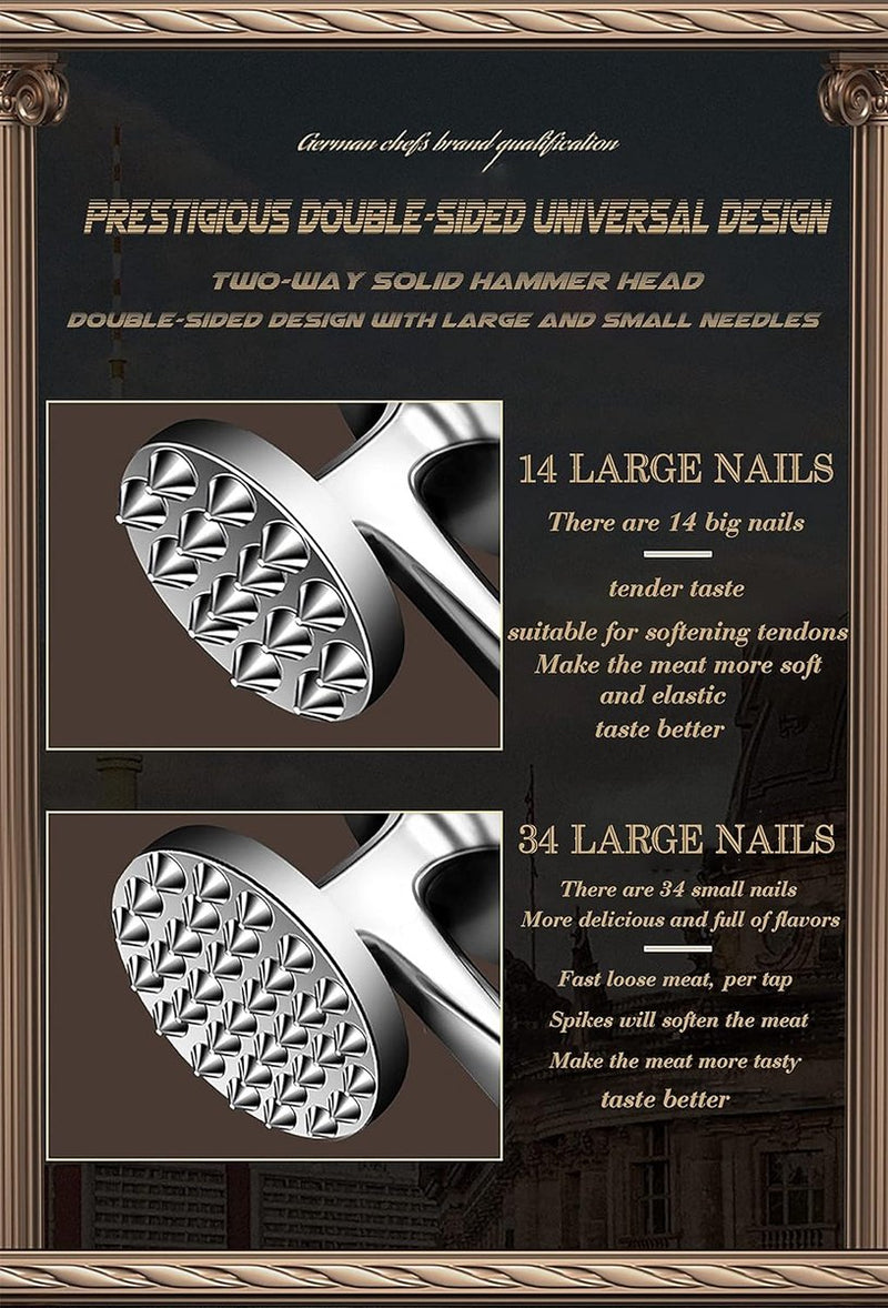Vleesklopper, roestvrij staal, incl. roestvrijstalen vleeshamer, extreem robuust, vleeshamer voor rundersteak, varkensvlees, kip, vis, zacht maken en stampen
