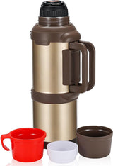 Thermosfles, thermoskan, 4,0 l, roestvrijstalen drinkfles, thermosfles met 3 drinkbekers, dubbelwandige isolatie, camping, waterfles met handvat, 24 uur warm en koud (goud)