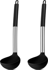 Soepenkelle, 2-delige siliconen pollepel, hittebestendig, pollepel met handvat van roestvrij staal, 30 cm grote sauslepel voor koken/roeren/serveren, gezond en anti-aanbak, zwart