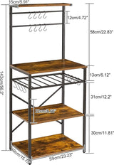 Keukenrek met 5 planken, bakkersrek, staand rek, magnetronrek met verstelbare wijnhouders en S-haken, multifunctionele organizer, voor magnetron, kookgerei, bruin-zwart