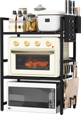 Magnetronrek, metaal, uitbreidbaar magnetronrek, 3-traps magnetronrek, magnetronrek, magnetronrek, magnetronorganizer, keukenrek met 6 haken, zwart