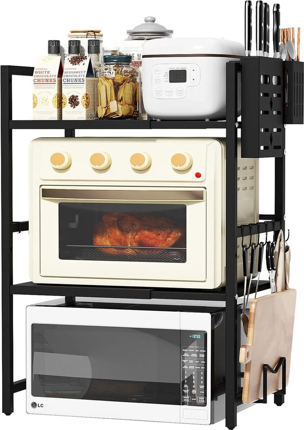 Magnetronrek, metaal, uitbreidbaar magnetronrek, 3-traps magnetronrek, magnetronrek, magnetronrek, magnetronorganizer, keukenrek met 6 haken, zwart