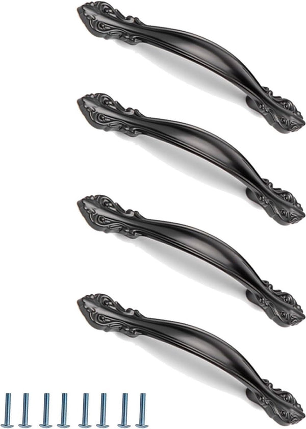4 stuks zwarte retro deurgreep, kastgreep, zwarte booggreep, met 8 schroeven voor keukenkastdeuren, ladegrepen, deuren in verschillende stijlen (zwart)