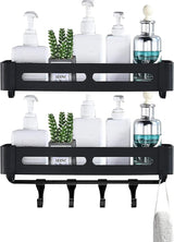 Badkamerplank zwart douchemandje en keukenopberger zonder boormachine. Roestbestendige aluminium badkamerwagen voor wandmontage met 8 haken (2 planken).