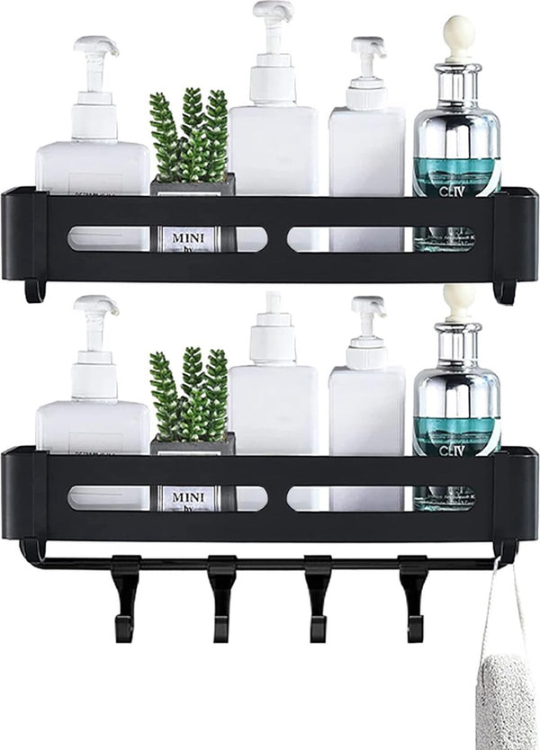 Badkamerplank zwart douchemandje en keukenopberger zonder boormachine. Roestbestendige aluminium badkamerwagen voor wandmontage met 8 haken (2 planken).