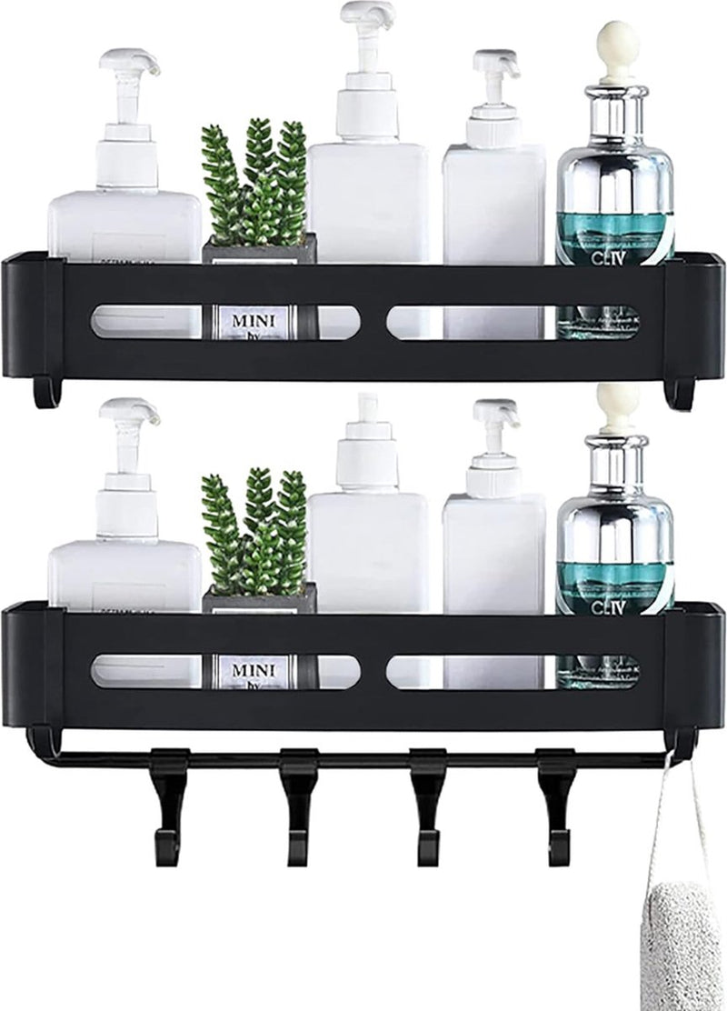 Badkamerplank zwart douchemandje en keukenopberger zonder boormachine. Roestbestendige aluminium badkamerwagen voor wandmontage met 8 haken (2 planken).