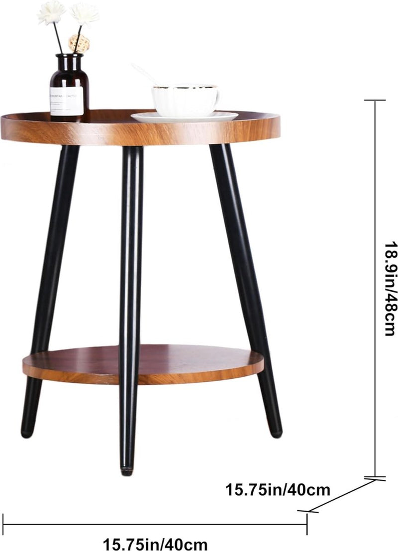 Bijzettafel met 2 planken, ronde salontafel met opbergruimte, 2-laags walnootkleurige MDF-banktafel met ronde planken, nachtkastje, houten tafel met stalen frame, 40 x 48cm (walnoot)