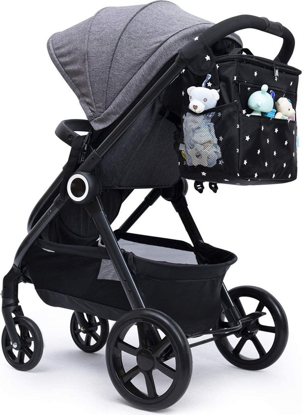 XL Buggy Organizer Bags, 22 L Grote Kinderwagen Luier Organizer met bekerhouders en schouderbanden Gebruikt als moederhandtas & schoudertassen & rugzak (Black Star)
