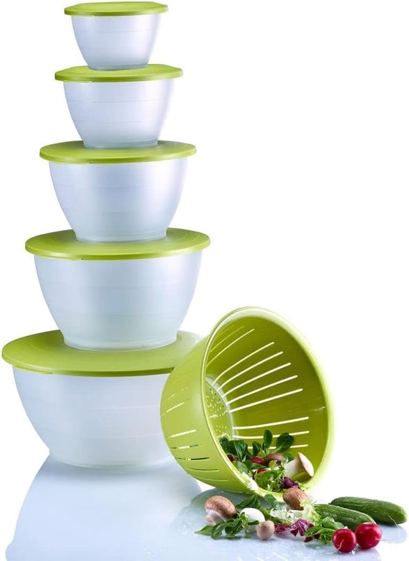 Voorraaddoos/serveerschaal met deksel en zeef/zeef, 3-delig, inhoud: 4,4 liter, kunststof, BPA-vrij, Olympia, kleur: transparant/groen