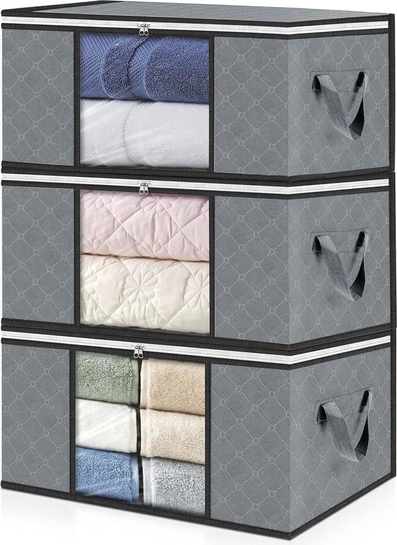 Pak van 3 | 35L opbergzakken, kledingopbergzakken, niet-geweven stof met transparant venster, 48 x 36 x 20 cm, opvouwbare dozen, onderbedorganizer voor dekbedden, handdoeken, kussens
