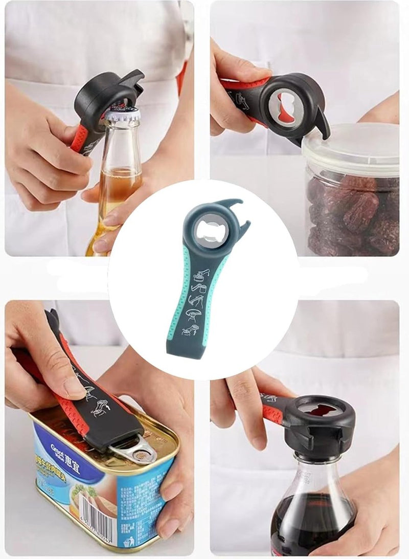 5-delige multifunctionele blikopenerset, 5-in-1 dekselopener, bierflesopener, antislip rubberen potopener (grijs en blauw)