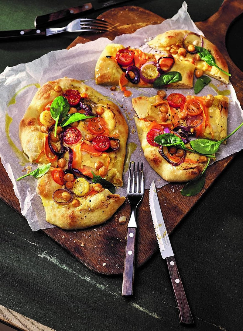 Steakbestek Pizzabestek, 8-delige set, voor 4 personen, steakbestekset, roestvrij staal, FSC-gecertificeerd echt houten handvat, vaatwasmachinebestendig