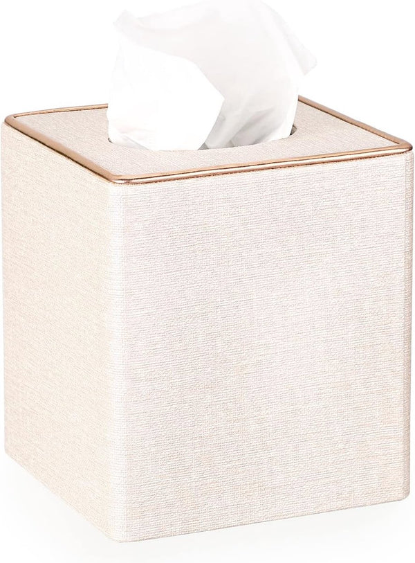 Tissuebox vierkant cosmetische tissuebox met gouden randen papieren tissuebox linnen beige tissuehouder 13 x 13 x 15 cm tissuebox voor eetkamer woonkamer slaapkamer kantoor hotel