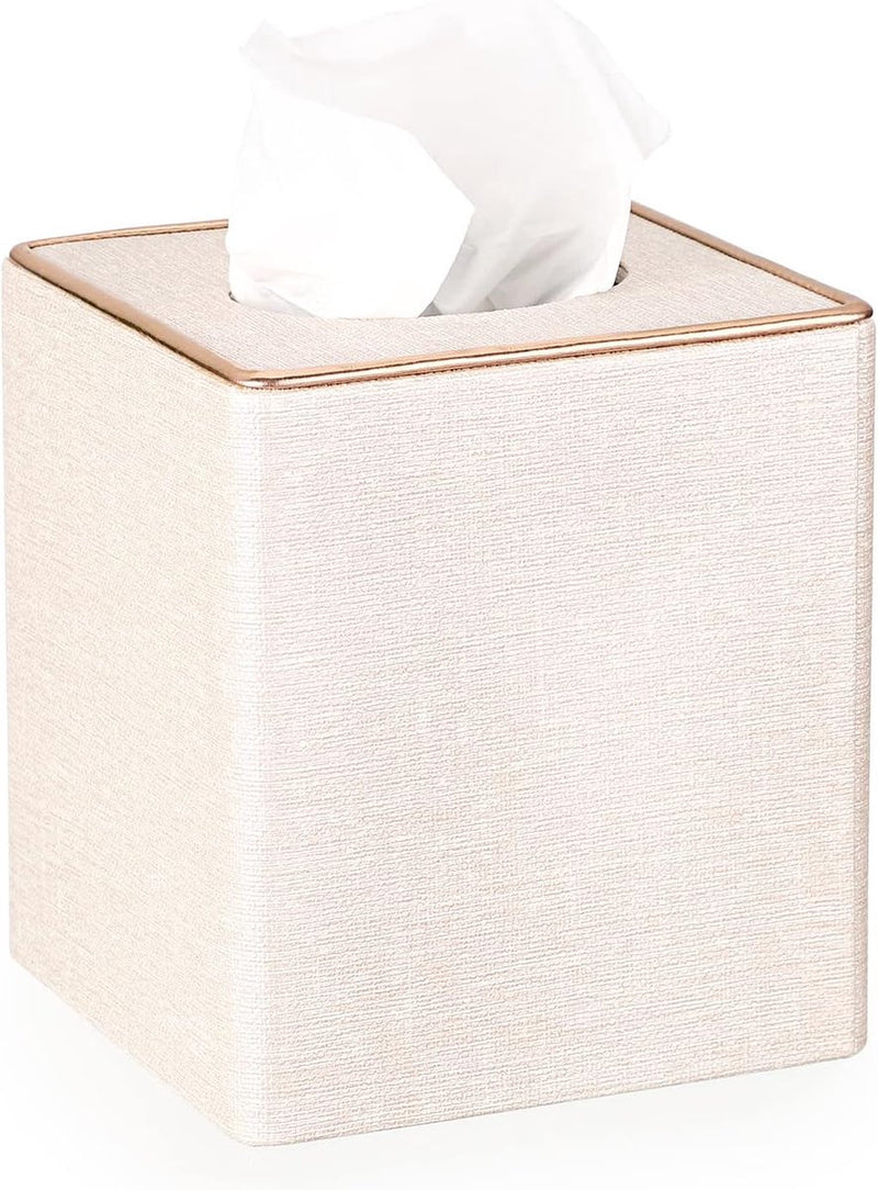 Tissuebox vierkant cosmetische tissuebox met gouden randen papieren tissuebox linnen beige tissuehouder 13 x 13 x 15 cm tissuebox voor eetkamer woonkamer slaapkamer kantoor hotel