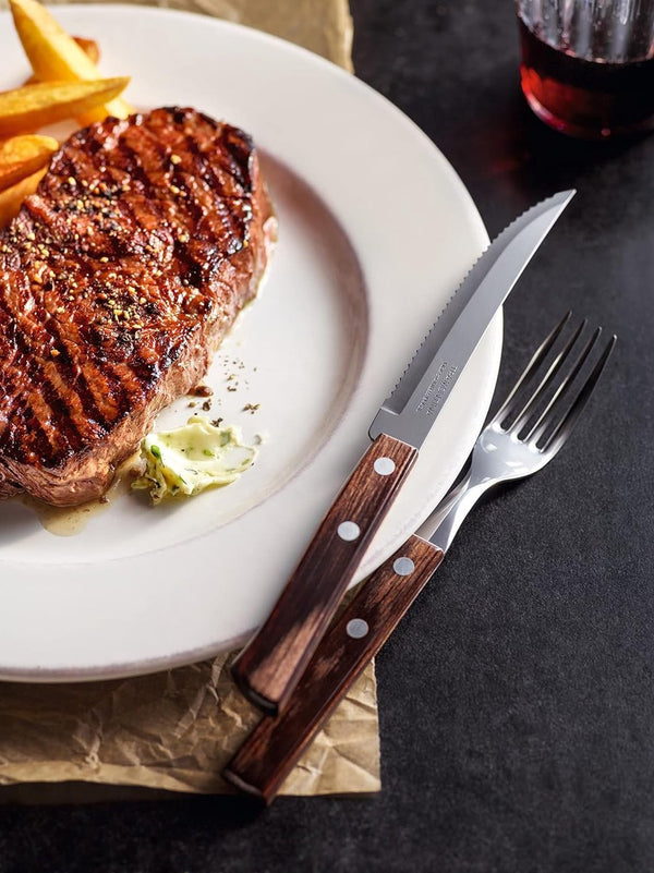 Steakbestek Pizzabestek, 8-delige set, voor 4 personen, steakbestekset, roestvrij staal, FSC-gecertificeerd echt houten handvat, vaatwasmachinebestendig