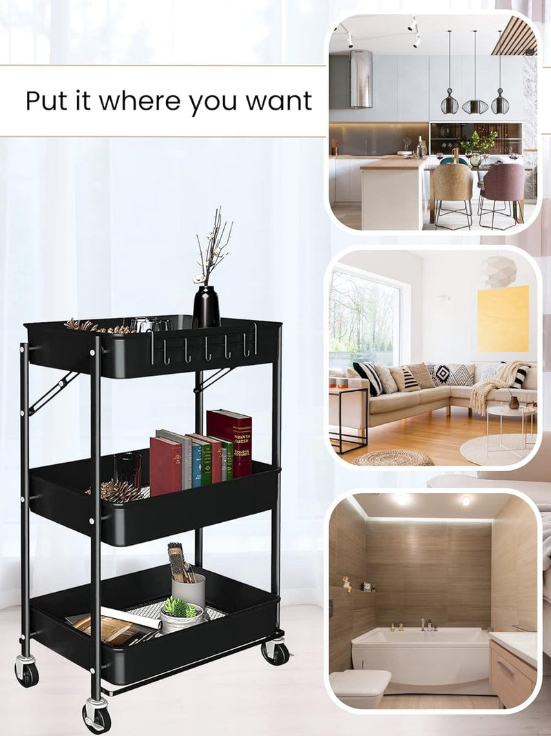 Extra keukenwagen Opvouwbare groente- en fruitwagen, multifunctioneel. Keukenplank met wielen. Servicewagen met 3 opbergniveaus voor huishouden, badkamer, woonkamer, terras