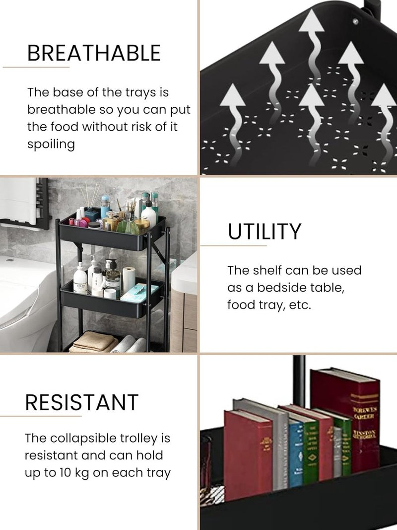 Extra keukenwagen Opvouwbare groente- en fruitwagen, multifunctioneel. Keukenplank met wielen. Servicewagen met 3 opbergniveaus voor huishouden, badkamer, woonkamer, terras