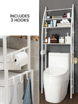 Badkamerrek boven wit toilet, bespaar ruimte met 3 planken, waterdicht opbergrek, in hoogte verstelbare poten (wit-metallic)