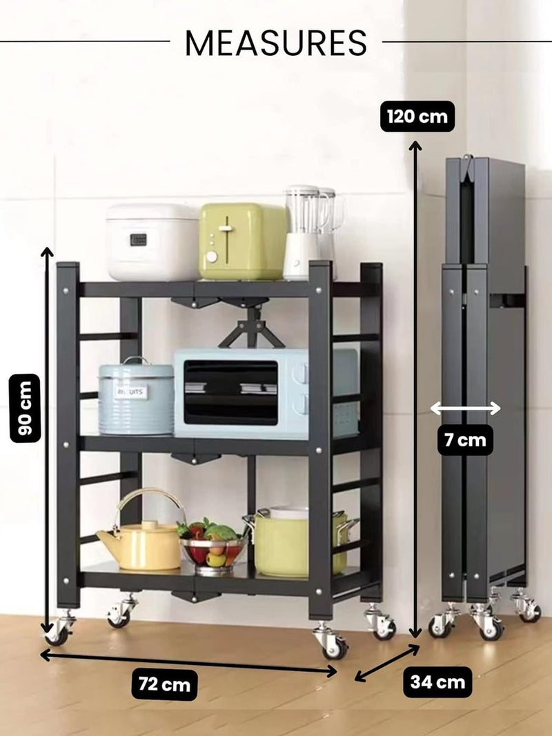 Plank voor opslag. Modulaire multifunctionele plank. Plank met wielen. Opvouwbare staande plank. Meubels voor keuken, badkamer, slaapkamer, woonkamer met 3 opbergvakken.