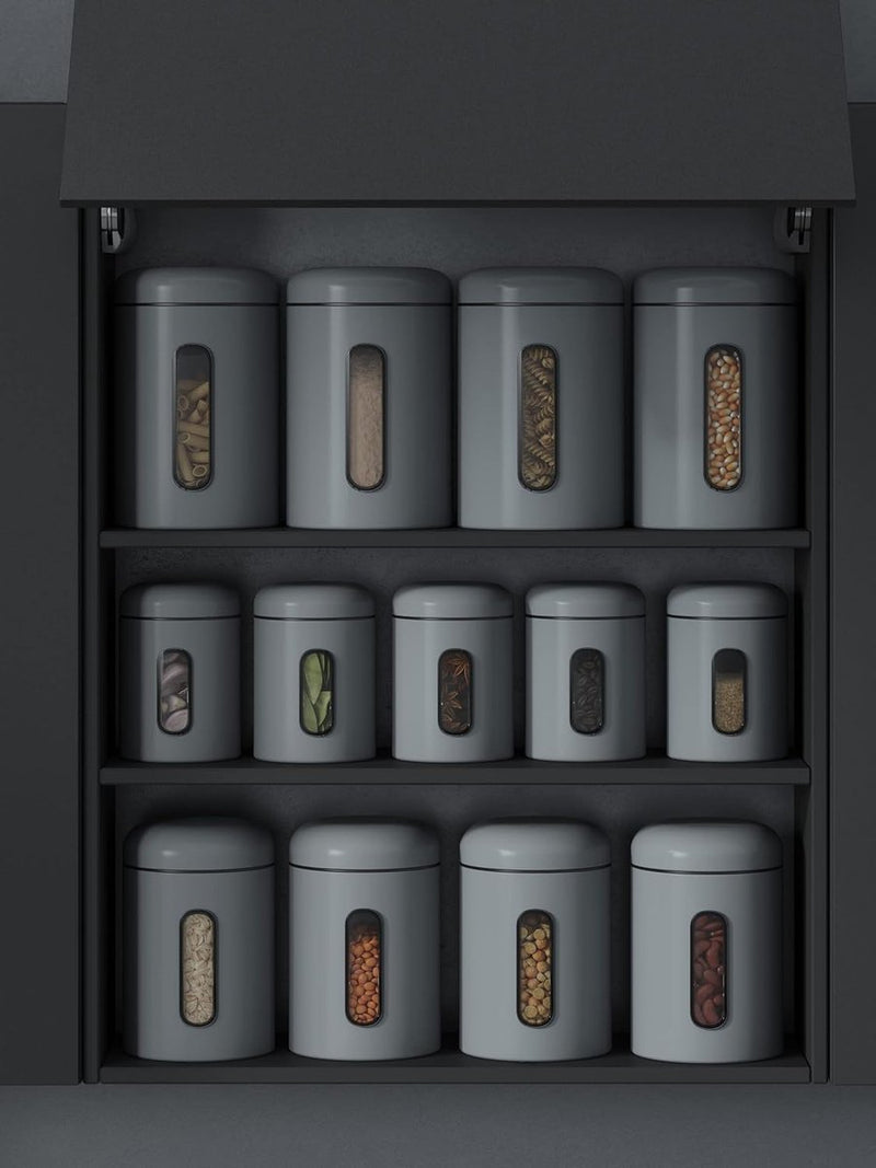 Voorraaddozen, set van 3, 1,9 l, met deksel en kijkvenster voor levensmiddelen, stabiele voorraadcontainer, metalen blikjes voor koffie, thee, ontbijtgranen, koffieblik,