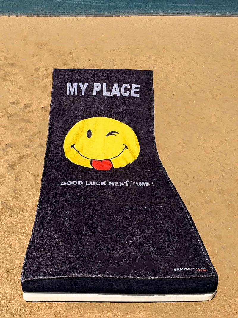 Beschermhoes voor tuinligstoel, strandligkussen, badstof hoes, 55% katoen, 45% polyester, ca. 75 x 200 cm (Smiley Black - Good Luck)