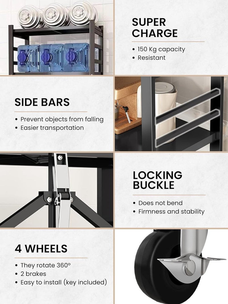 Plank voor opslag. Modulaire multifunctionele plank. Plank met wielen. Opvouwbare staande plank. Meubels voor keuken, badkamer, slaapkamer, woonkamer met 3 opbergvakken.