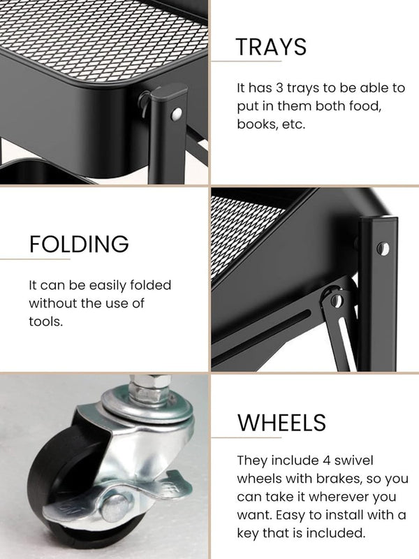 Extra keukenwagen Opvouwbare groente- en fruitwagen, multifunctioneel. Keukenplank met wielen. Servicewagen met 3 opbergniveaus voor huishouden, badkamer, woonkamer, terras