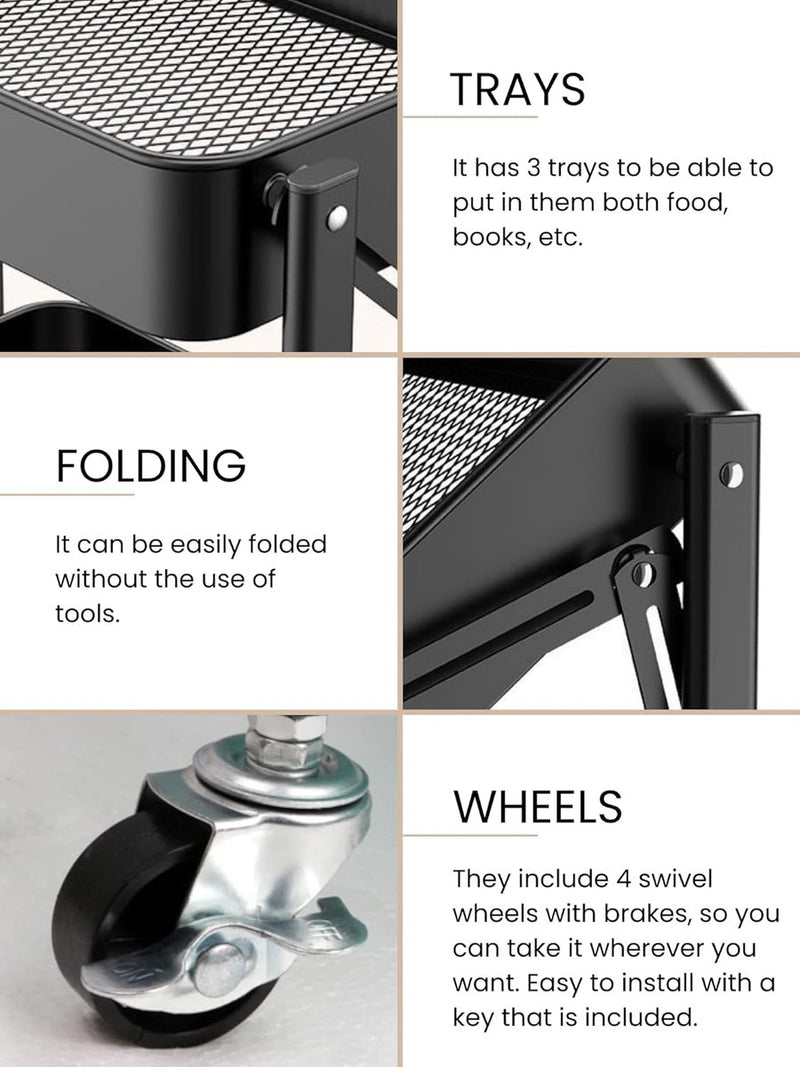 Extra keukenwagen Opvouwbare groente- en fruitwagen, multifunctioneel. Keukenplank met wielen. Servicewagen met 3 opbergniveaus voor huishouden, badkamer, woonkamer, terras