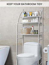Badkamerrek boven wit toilet, bespaar ruimte met 3 planken, waterdicht opbergrek, in hoogte verstelbare poten (wit-metallic)