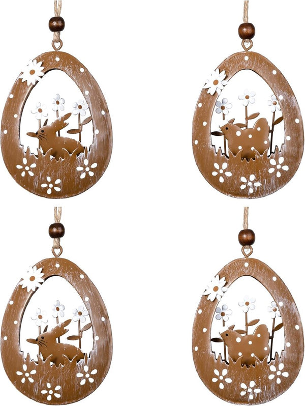 4 x decoratieve hangers voor Pasen, paasversiering van metaal om op te hangen, kraan, paashaas en paaseieren, decoratieve hanger