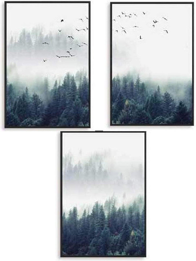 Designposters, 3-delig, bos en vogels in de mist, zonder lijst, decoratie