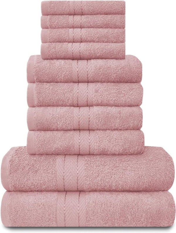Handdoekenset voor gezinnen, 10-delig, 100% Egyptisch katoen, 4 x gezicht, 4 x handdoeken, 2 x badhanddoeken, hoge kwaliteit, zeer absorberend, badkameraccessoires, machinewasbaar, roze (Blush