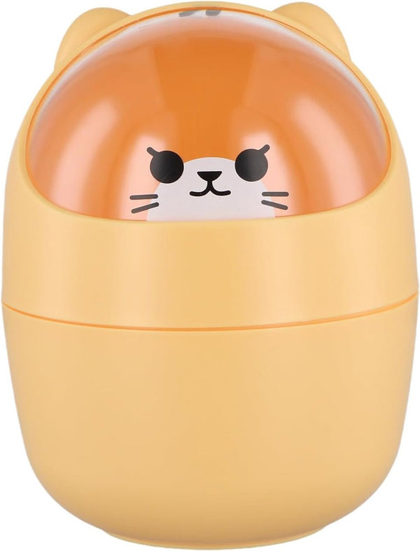 Bureauprullenbak, schattige, schattige mini kleine vuilnisbak, pennenhouder met deksel, draagbare verwijderbare tafelafvalbak, plastic afvalbak voor kantoor (oranje)