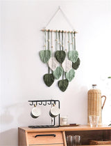 Macramé wandtapijt, boho-decoratie, wandtapijt in boho-stijl met houten kralen en bladeren, wandtapijt, boho, handgemaakt, voor buiten, woonkamer, slaapkamer, binnen, geschenken, 40 80 cm (groen)