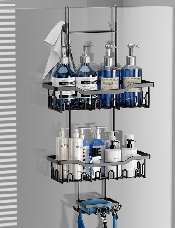 Doucheplank om op te hangen, doucheplank zonder boren met zeepbakje, meerdere haken, douchemand, hangende badkamerorganizer (zwart)