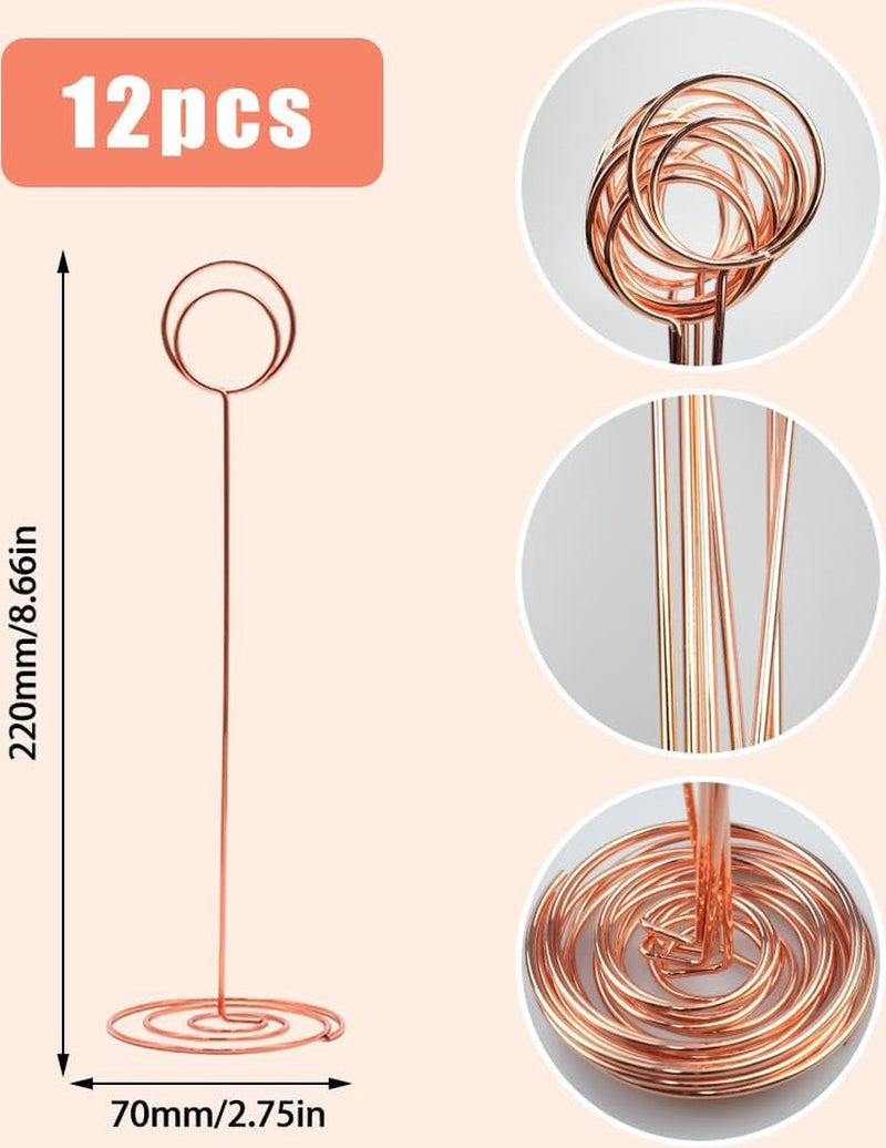 12 stuks 22 cm fotohouders, plaatskaarthouder, memohouder, metalen kaarthouder, bruiloft, voor bureaunotities, tafelkaarten, foto's, bruiloft, verjaardag, feestdecoratie (roségoud)