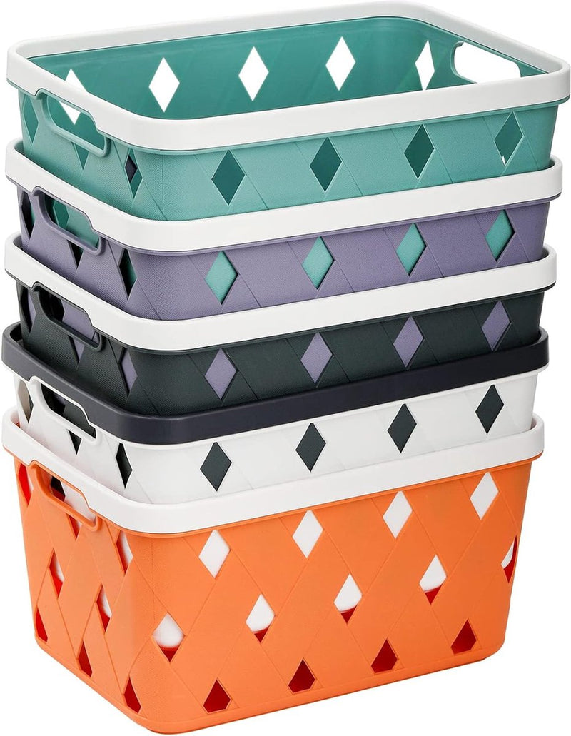 Set van 5 plastic opbergmanden, kleine plankmand voor organiseren, 27 cm x 18 cm x 15 cm organizermand met handvatten voor slaapkamer, kantoor, klaslokaal, school